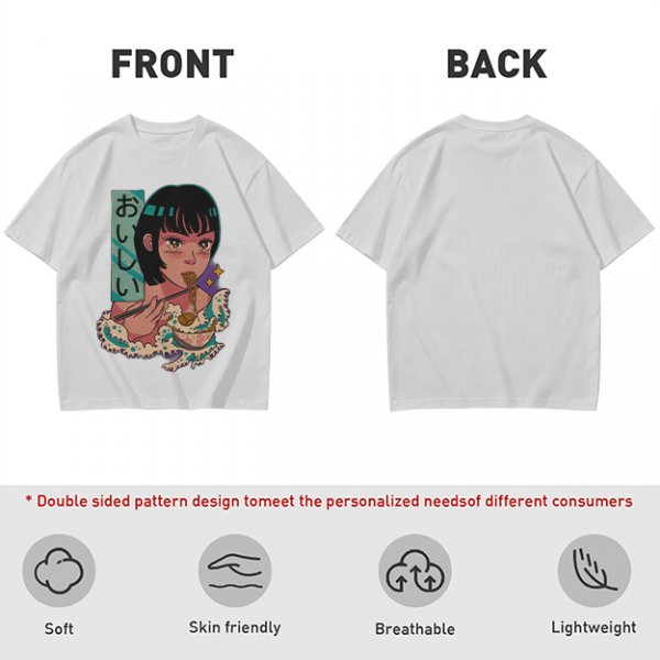Olive anime graphic t-shirt with girl eating ramen and Japanese text