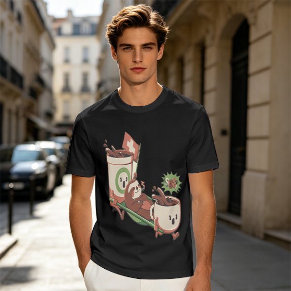 Olive green graphic tee with a sloth relaxing between anthropomorphic coffee mugs