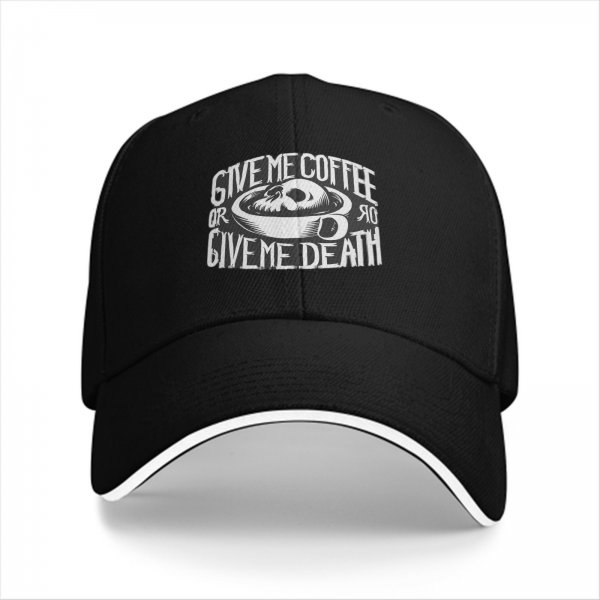 Black baseball cap with 'Give Me Coffee Or Give Me Death' skull graphic