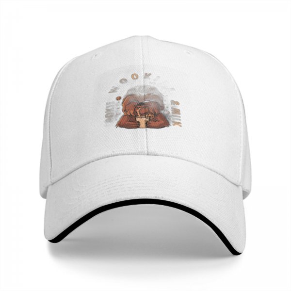 Black baseball cap with Chewbacca drinking milk and cookie graphic