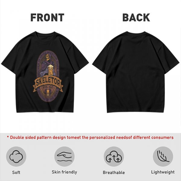 Olive green t-shirt with Skeletor Evil Ale beer graphic
