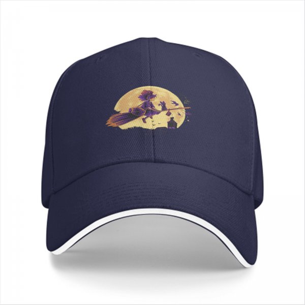 Black Baseball Cap With Witch Riding Broom Full Moon Halloween Art