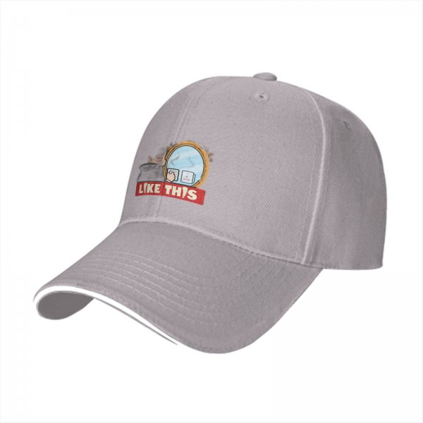 Black baseball cap with mirror and coffee graphic that says LIKE THIS