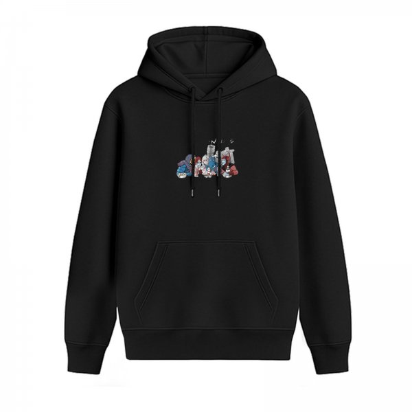 Black hoodie with small colorful cartoon character graphic on chest