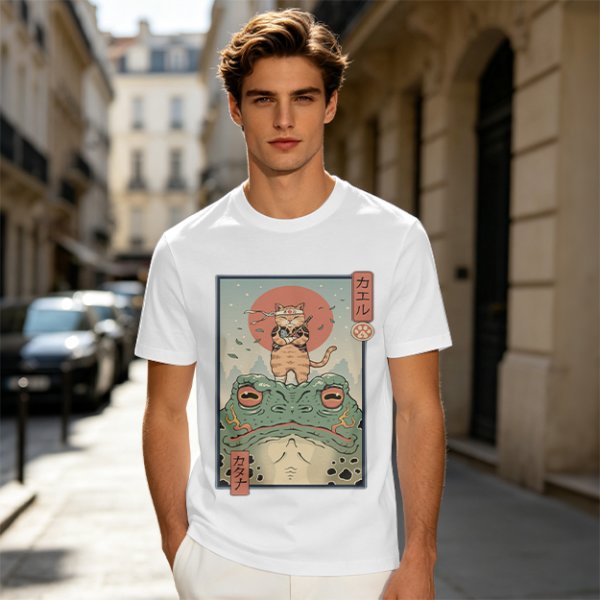 Olive T-shirt with Samurai Cat Riding Giant Frog Japanese Art Print