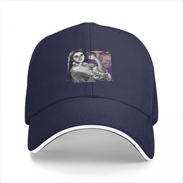 Black baseball cap with flexing woman and man face graphic