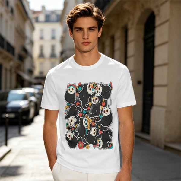 Olive T-Shirt With Day Of The Dead Cat Skull Graphic Print