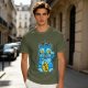 Olive T-Shirt With Blue Maneki-Neko Monster Graphic Print