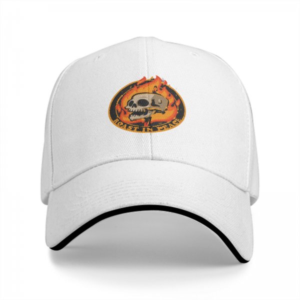 Black baseball cap with roast in peace skull and fire graphic
