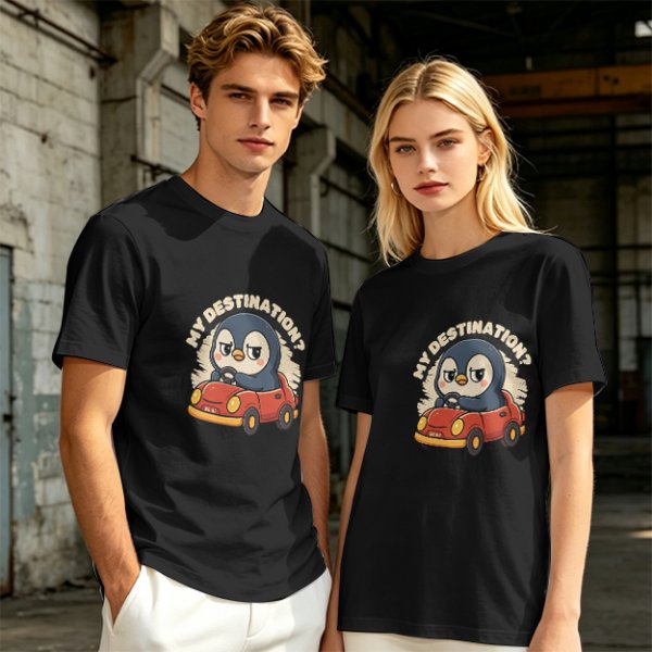Olive T-Shirt With Cartoon Penguin Driving Car 'My Destination?' Print