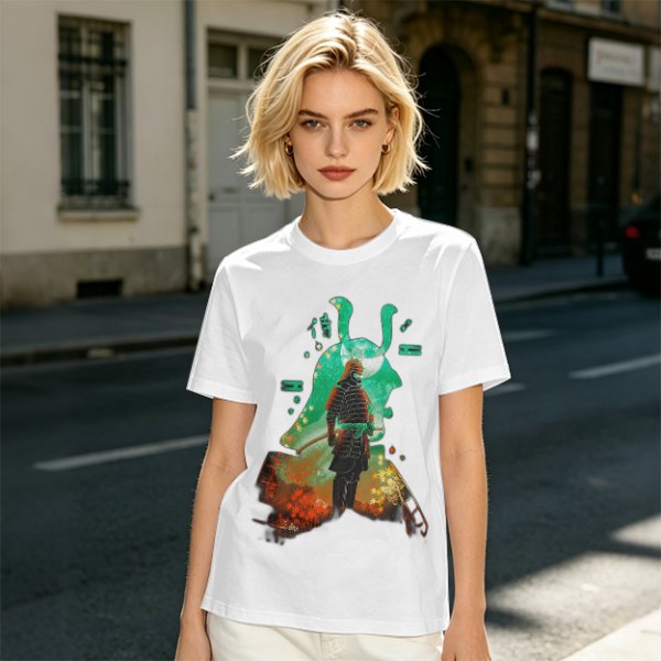 Olive T-shirt with Samurai Warrior and Helmet Art Print