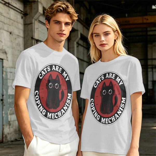Olive t-shirt with 'Cats Are My Coping Mechanism' and black cat graphic