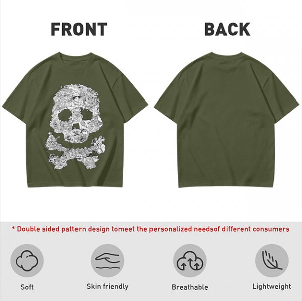 Olive T-shirt with Detailed Skull and Crossbones Graphic