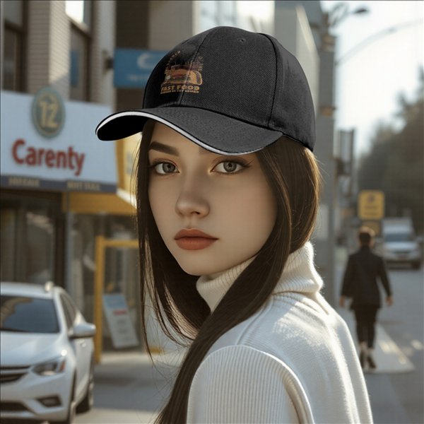 Black Baseball Cap With Sacred Fast Food Combo Graphic