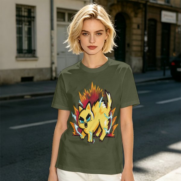 Olive T-Shirt With Super Saiyan Style Electric Cat Graphic
