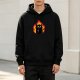 Black hoodie with a cartoon black cat holding a lighter surrounded by flames