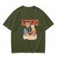 Olive T-Shirt With Cats Eating Ramen Japanese Art Print