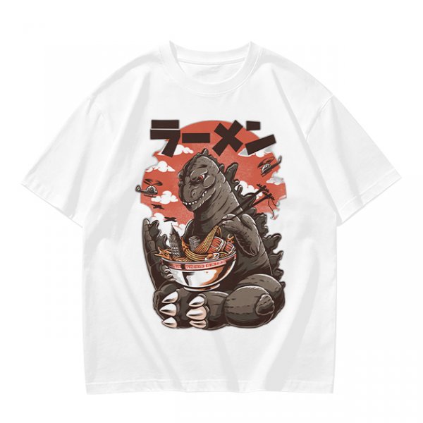 Olive T-shirt with Godzilla eating ramen graphic