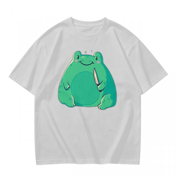 Olive Green T-Shirt With Cute Frog Holding Knife Graphic
