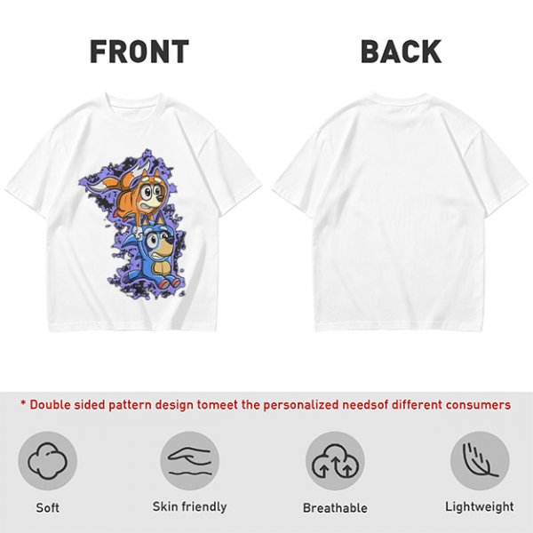 Olive green t-shirt with cartoon characters in cosplay graphic