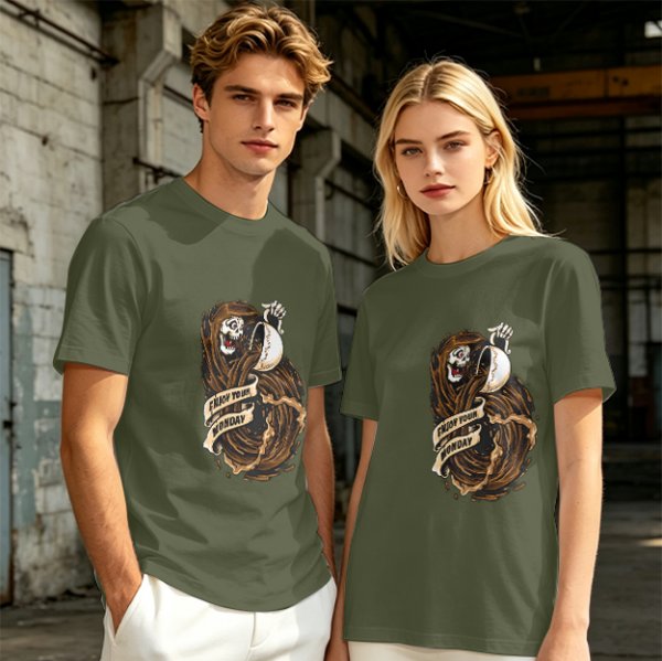 Olive T-Shirt With Grim Reaper Coffee Enjoy Your Monday Print