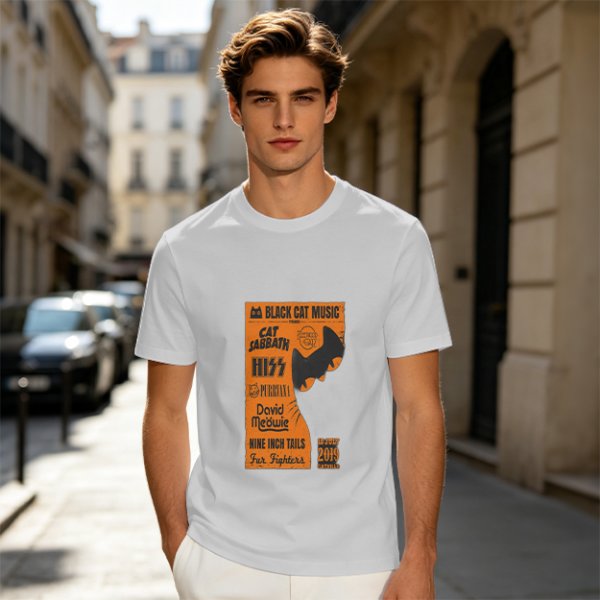 Olive T-Shirt with Cat-Themed Rock Band Concert Poster Print