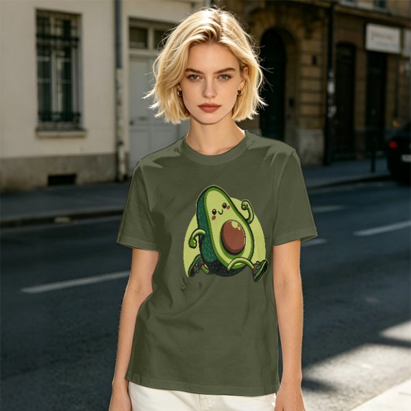 Olive Green T-Shirt with Cute Running Avocado Graphic