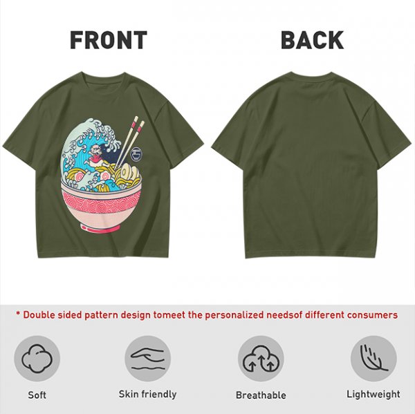 Olive T-shirt with Great Wave Ramen Bowl Graphic Design