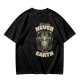 Olive green graphic t-shirt with 'cats were never from earth' alien and cat print