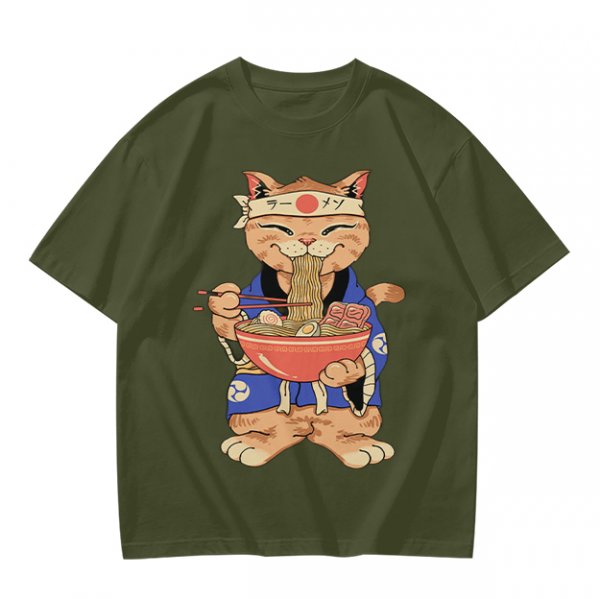 Olive T-Shirt Featuring a Cat in a Headband Eating Ramen