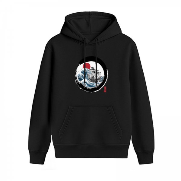 Black hoodie with Japanese style wave and sun graphic print