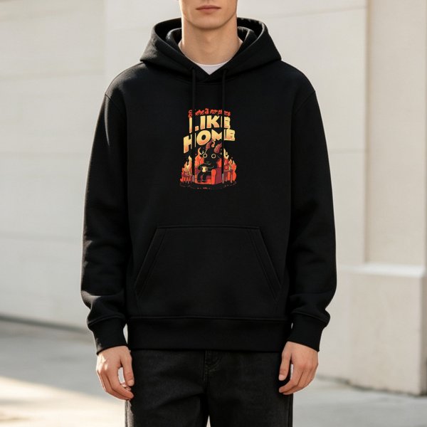 Black hoodie with 'Like Home' devil cat on fire graphic