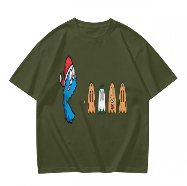 Olive T-Shirt With Blue Monster And Ghost Graphic Print