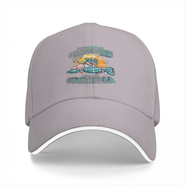 Black baseball cap with summer umbrella graphic and retro sun design
