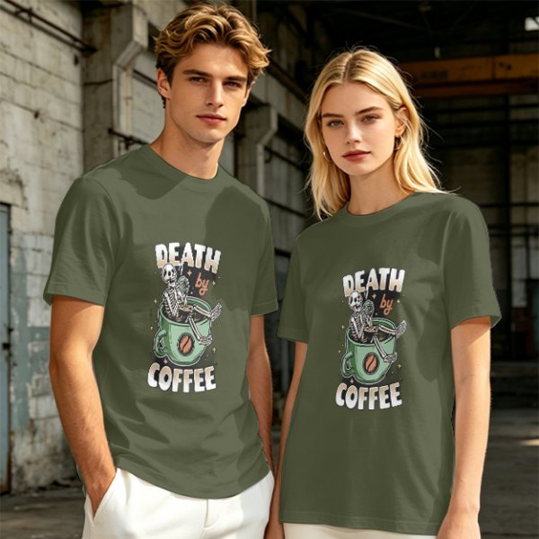 Oversized Army Green T-Shirt With 'Death By Coffee' Skeleton Print