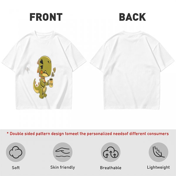Olive T-shirt with a grumpy cartoon dinosaur holding a coffee mug