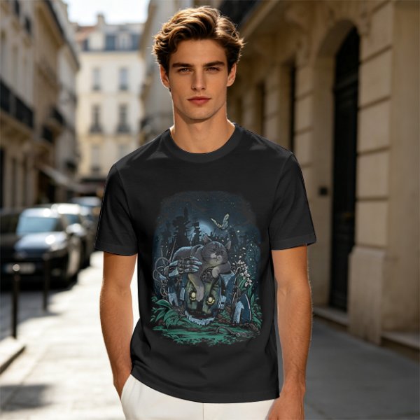 Olive Green T-Shirt With Night Graveyard Cat Illustration