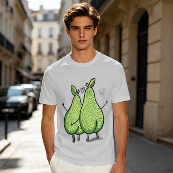 Olive Green T-Shirt With Two Cartoon Pears In Love Graphic