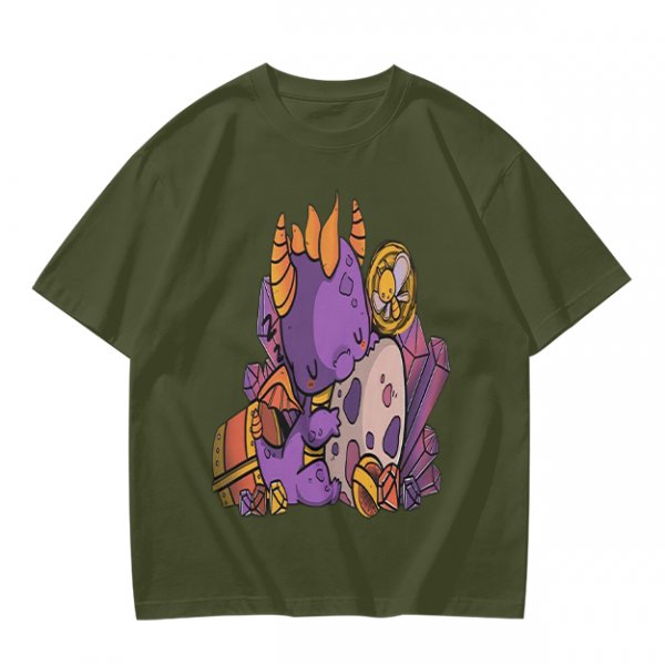 Olive T-Shirt with Cute Sleeping Purple Dragon and Treasure Artwork