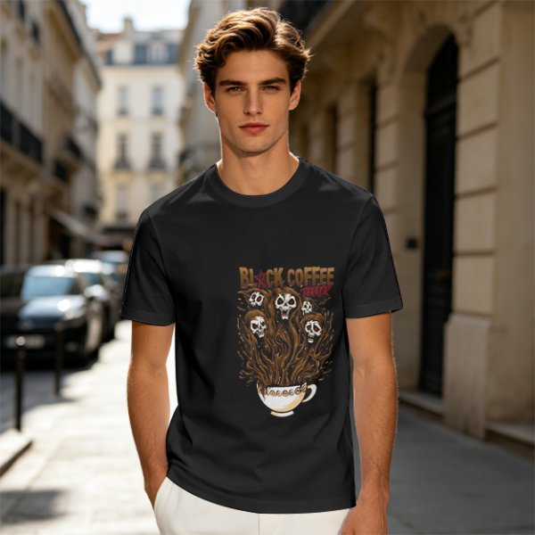 Black Coffee Skull Ghosts Graphic Olive Green T-Shirt