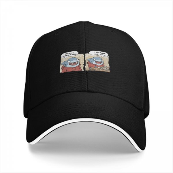 Black baseball cap with funny shark seafood diet meme print