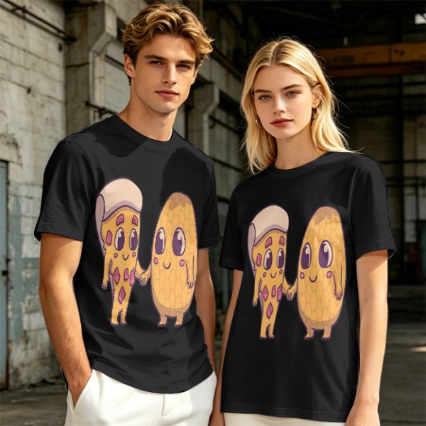 Olive Green T-Shirt With Cute Pizza And Corn Holding Hands Art