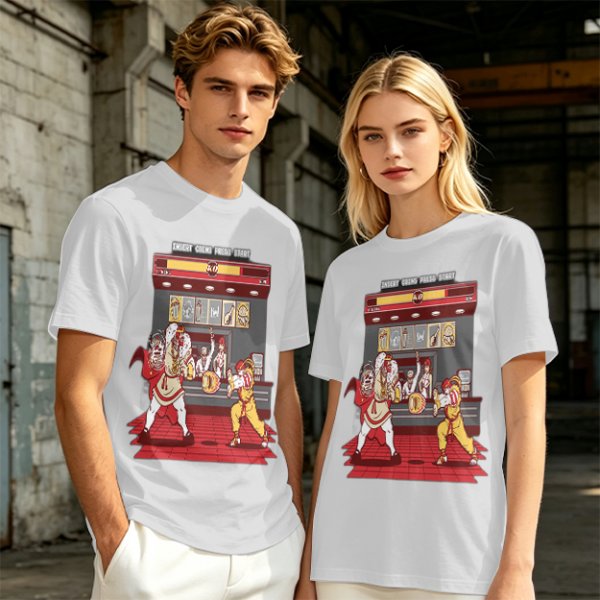 Olive T-shirt with Fast Food Themed Street Fighter Style Fight Artwork