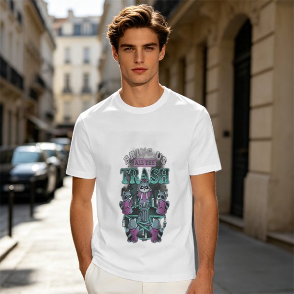 Olive graphic t-shirt with raccoons and 'Bring Us All The Trash' text