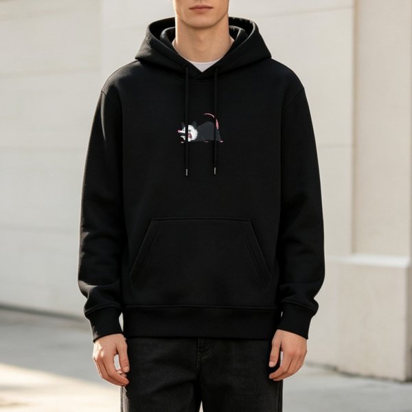 Black Hoodie With Cute Opossum Graphic Print