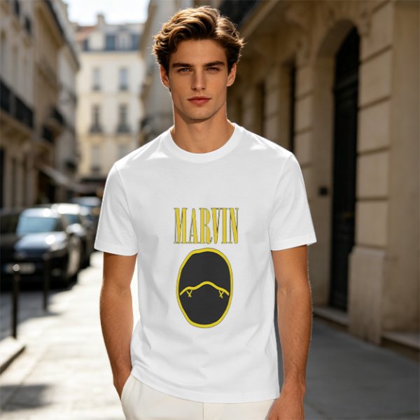 Olive T-Shirt with Marvin Text and Simple Face Graphic
