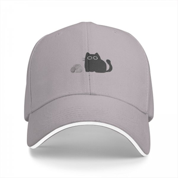 Black Baseball Cap With Minimalist Grey Cat Graphic Design