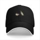 Black baseball cap with cartoon coffee cup and wine bottle graphic