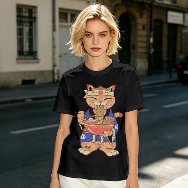 Olive T-Shirt Featuring a Cat in a Headband Eating Ramen