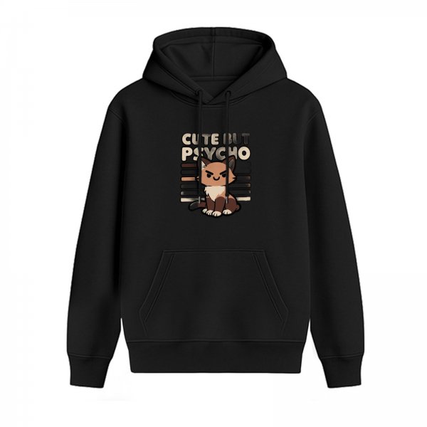 Black hoodie with cute but psycho cat graphic print